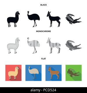 Lama, struzzo emu, giovane antilope, coccodrillo animale. Selvatica Animali, uccelli, rettili set di icone di raccolta in nero, piatta e monocromatica vettore stile simbolo st Illustrazione Vettoriale