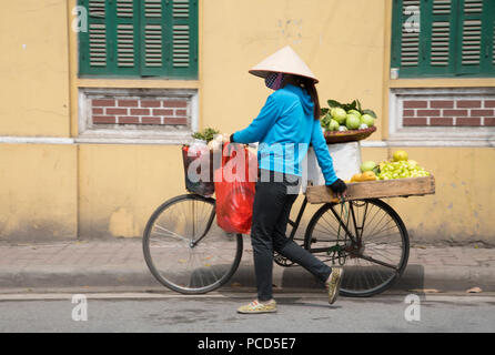 Una donna per la vendita di frutta dalla sua bicicletta ad Hanoi, Vietnam, Indocina, Asia sud-orientale, Asia Foto Stock