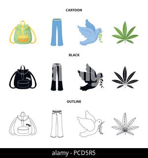 Una foglia di cannabis, una colomba, jeans, uno zaino.hippy di set di icone di raccolta in cartoon,Black,Outline stile simbolo vettore illustrazione stock. Illustrazione Vettoriale