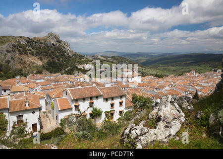Vista su bianco andaluso village, Grazalema, Sierra de Grazalema parco naturale, Andalusia, Spagna, Europa Foto Stock