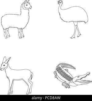 Lama, struzzo emu, giovane antilope, coccodrillo animale. Selvatica Animali, uccelli, rettili raccolta di set di icone in stile struttura simbolo vettore illustrazione stock Illustrazione Vettoriale