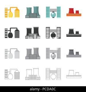 Impianto di trasformazione industriale impianti di produzione. Impianto di fabbrica e set di icone di raccolta in cartoon nero monocromatico outline stile simbolo vettore sto Illustrazione Vettoriale