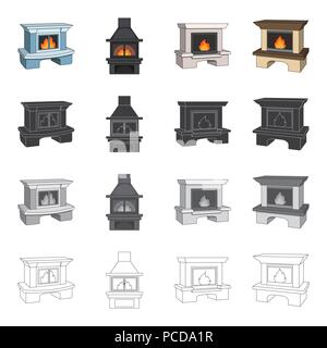 Camino, incendio, calore e comfort. Diversi tipi di camino set di icone di raccolta in cartoon nero monocromatico outline stile simbolo vettore stock ho Illustrazione Vettoriale