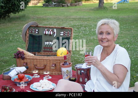 Una donna bionda godendo un pic-nic nel prato Foto Stock