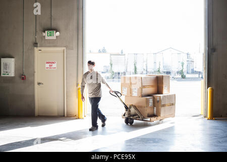 Un maschio di magazzino mobile worker scatole di prodotti utilizzando un manuale martinetto pallet. Foto Stock