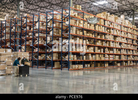 Due dipendenti di inventario di controllo accanto a cremagliere di scatole in deposito temporaneo in un magazzino di distribuzione. Foto Stock