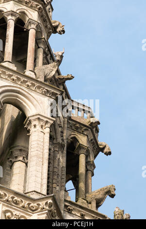 Vista in dettaglio della sculture in pietra sulla cattedrale di Laon, Cathédrale bestiaire, Francia, Europa Foto Stock