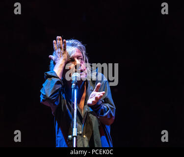 Trieste, 30 luglio 2018. iItalian attore Paolo Rossi esibirsi sul palco durante un 'Pupkin cabaret' mostra a Trieste il castello di San Giusto. Foto di Foto Stock