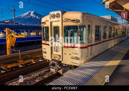 Snow-capped Mount Fuji (Fujisan, 富士山) con fogliame di autunno dal Lago Kawaguchi (Kawaguchiko, 河口湖) a Oishi Park (大石公園), Regione di Chubu, Giappone. Foto Stock