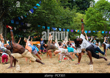 Il mondo del benessere a WOMAD venerdì 27 luglio 2017 tenutasi a Charlton Park, Wiltshire . Nella foto: Molti salute e trattamenti olistici sono disponibili presso il festival. Una classe di yoga nei boschi. Foto Stock