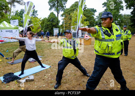 La polizia entra a far parte di una classe di yoga al WOMAD domenica 29 luglio 2018 tenutasi a Charlton Park, Wiltshire . Nella foto: 2 funzionari di polizia del Wiltshire forza di polizia uniti in un libero Yoga classe svolge nel mondo del benessere . Foto Stock