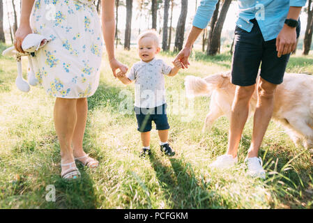 Una simpatica famiglia - mamma, papà e figlio spendere tempo di divertimento all'aperto con il loro cane. Foto Stock