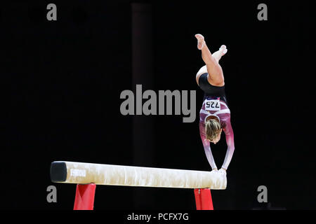 Glasgow, Regno Unito. Il 2 agosto 2018. Le prime competizioni di ginnastica del Parlamento ghampionships ha avuto luogo presso la Hydro arena, centro espositivo scozzese con concorrenti provenienti da Danimarca, Svezia, Cipro, Bulgaria, Irlanda, Georgia, Lituania, Slovenia e Repubblica Ceca. Immagine è di Victoria Kaloe dalla Danimarca ofVictoria Credito: Findlay/Alamy Live News Foto Stock