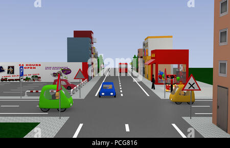 Paesaggio con prima a destra poi a sinistra intersezione e colorati di vetture e indicazioni stradali. Il rendering 3D Foto Stock