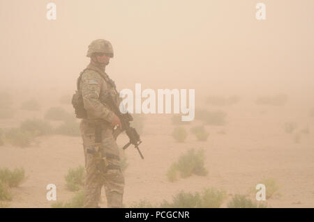 Stati Uniti Esercito nazionale del personale di guardia Sgt. Matthew Lewis, una forza di sicurezza membro del Team di Ricostruzione Provinciale Farah, fornisce la sicurezza durante un afghano di Polizia Locale cerimonia di laurea nel villaggio Dizhak, provincia di Farah, Afghanistan il 29 maggio. PRT Farah è un gruppo di soldati, marinai e avieri con il compito di facilitare la governance e la stabilità nella regione da lavorare mano nella mano con i funzionari locali e il governo della Repubblica islamica dell'Afghanistan. Foto Stock