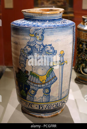 Per Albarello bugloss zucchero, con scena di soldato romano, Italia, eventualmente Castelli, c. 1545-1550, maiolica - Foto Stock