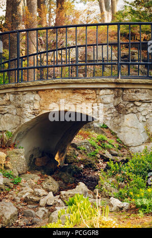 Piccolo, grazioso vecchio ponte in pietra con arcata nel parco con essiccato in alto flusso di fiume, Nero Metalizzato ringhiere, piante e alberi intorno, antica guardare Foto Stock