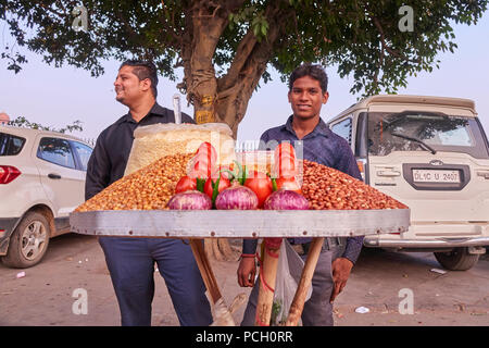 New Delhi commercianti di strada che vendono frutta a guscio e pomodori Foto Stock