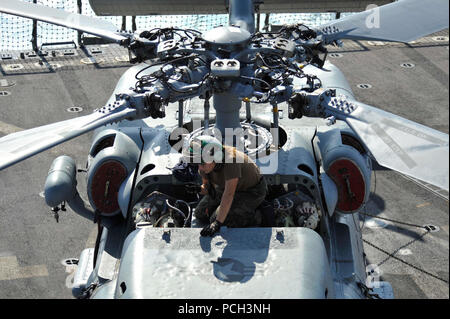 Mare Arabico (nov. 19, 2012) di aviazione del macchinista Mate Airman Kenzie Lane, da Middletown, Virginia, controlli un SH-60B Mare Hawk elicottero dall'fieri guerrieri di elicottero anti-sommergibile Squadron luce (HSL) 42, DET. 7, per verificare la presenza di detriti prima di operazioni di volo a bordo del guidato-missile destroyer USS Jason Dunham (DDG 109). Jason Dunham è distribuito negli Stati Uniti Quinta Flotta area di responsabilità condurre le operazioni di sicurezza marittima, teatro la cooperazione in materia di sicurezza gli sforzi e le missioni di sostegno per l'Operazione Enduring Freedom. Foto Stock