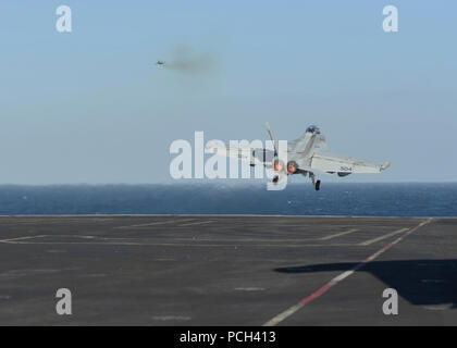 Golfo di Oman (17 marzo 2014) un EA-18G Growler, assegnato all'???Zappers??? Di Attacco Elettronico Squadron 130, si lancia dal ponte di volo della portaerei USS Harry Truman (CVN 75). Harry Truman, ammiraglia di Harry Truman Carrier Strike gruppo, è distribuito negli Stati Uniti Quinta Flotta area di responsabilità condurre le operazioni di sicurezza marittima, teatro di supporto di sicurezza gli sforzi di cooperazione e sostegno all'Operazione Enduring Freedom. Foto Stock