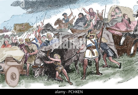 Periodo di migrazione (tribù germaniche e Unni). 4a-6a secolo. Incisione, 1882. Colore. Foto Stock