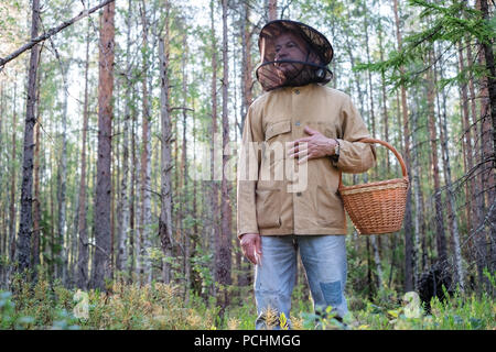 Uomo maturo picking camminare con il cestello nella foresta. Egli si sta guardando attorno godendo l'aria fresca del legno. Foto Stock