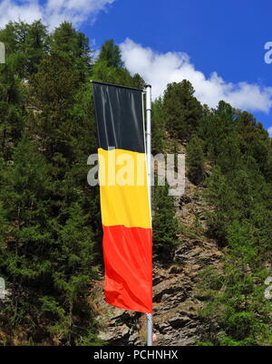 Bandiera del Belgio contro la foresta e il cielo blu sullo sfondo Foto Stock