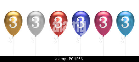 Numero 3 palloncini di compleanno collezione oro, argento, rosso, blu, rosa. Il rendering 3D Foto Stock