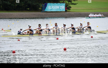 Gran Bretagna Henry Fieldman, Thomas George, Tom Jeffery, Tom Ransly, William Satch, Mohamed Sbihi, Alan Sinclair, Matteo Tarrant e Oliver Wynne-Griffith negli uomini otto durante il giorno uno del 2018 Campionati Europei presso il paese di Strathclyde Park, North Lanarkshire. Foto Stock