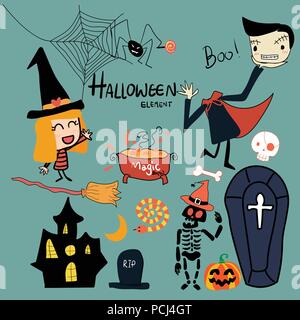 Disegnato a mano elementi di Halloween vettore carino Illustrazione Vettoriale