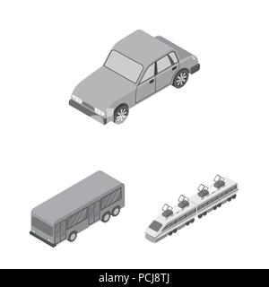 Diversi tipi di trasporto icone monocromatiche in set di raccolta per il design. Auto e nave isometrica simbolo vettore illustrazione stock. Illustrazione Vettoriale
