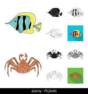 Una varietà di animali marini cartoon,Black,appartamento,monocromatico, delineare le icone nella raccolta di set per il design. Pesci e crostacei simbolo vettore illustra stock Illustrazione Vettoriale