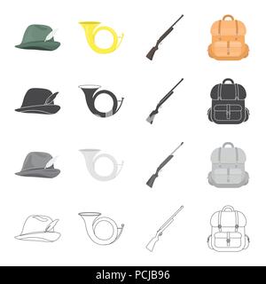 Il cacciatore hat, avvisatore acustico, fucile da caccia, nello zaino con le cose. Caccia set di icone di raccolta in cartoon nero monocromatico outline stile simbolo del vettore s Illustrazione Vettoriale