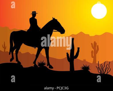 Uomo di vettore sul cavallo nel deserto all'alba o al tramonto Illustrazione Vettoriale