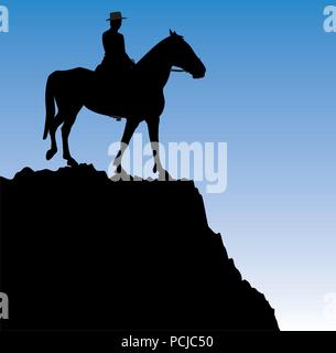 Illustrazione vettoriale di uomo a cavallo sulla cima della montagna Illustrazione Vettoriale