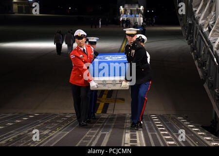 I membri delle Nazioni Unite il comando Guardia d'onore spostare dignitosa casi di trasferimento da una C-17 Globemaster III in un altro durante una cerimonia di rimpatrio a Osan Air Base, Repubblica di Corea, e il Agosto 1, 2018. Il percorso UNC rimpatriati 55 casi di resti dalla Repubblica Popolare Democratica di Corea. (U.S. Air Force foto di Senior Airman Kelsey Tucker) Foto Stock