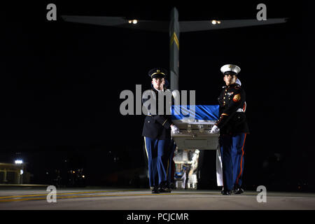 I membri delle Nazioni Unite il comando Guardia d'onore spostare dignitosa casi di trasferimento da una C-17 Globemaster III in un altro durante una cerimonia di rimpatrio a Osan Air Base, Repubblica di Corea, e il Agosto 1, 2018. Il percorso UNC rimpatriati 55 casi di resti dalla Repubblica Popolare Democratica di Corea. (U.S. Air Force foto di Senior Airman Kelsey Tucker) Foto Stock