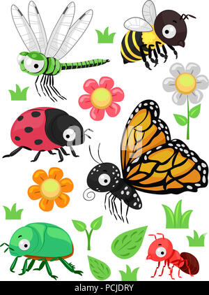 Illustrazione di diversi Insetti e fiori da ape, Butterfly per Ant Foto Stock