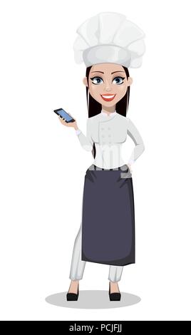 Bella donna baker in professional uniforme e lo chef hat tenendo lo smartphone. Allegro personaggio dei fumetti. Illustrazione Vettoriale su sfondo bianco. Illustrazione Vettoriale