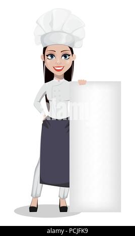 Bella donna baker in professional uniforme e lo chef hat in piedi vicino alla targhetta vuota. Allegro personaggio dei fumetti. Illustrazione Vettoriale su bianco backg Illustrazione Vettoriale
