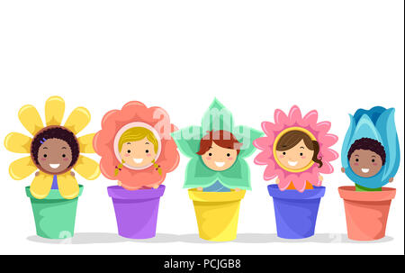 Illustrazione di Stickman Kids indossando il costume di fiori su POTS Foto Stock