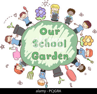 Illustrazione di Stickman Kids Azienda utensili da giardinaggio intorno a un giardino della scuola etichetta Foto Stock