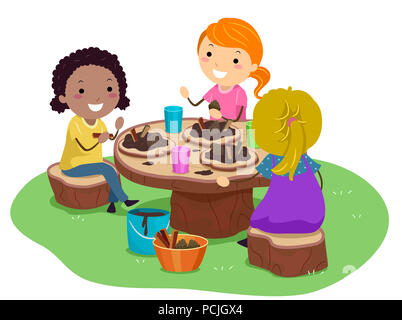 Illustrazione di Stickman Ragazzi Ragazze giochi nel giardino con la loro torta di fango Foto Stock