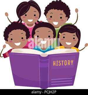 Illustrazione di African American Stickman Kids leggendo un libro aperto sulla storia Foto Stock