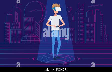 Realtà virtuale. Un ragazzo che indossa la cuffia VR. Uomo con occhiali per istruzione e giocare a giochi per computer. La tecnologia moderna. Simulazione e gadget portatile. banner per pagina web. neon sullo sfondo della città Illustrazione Vettoriale