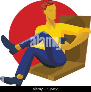 Uomo seduto, giocando con lo smartphone, SMS, messaggistica tramite telefono cellulare, cartoon illustrazione vettoriale. A piena lunghezza Ritratto di giovane uomo seduto e utilizzando il telefono cellulare Illustrazione Vettoriale