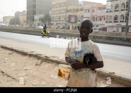 Ragazzo senegalese è in possesso di un pollo e la benna in Yoff Dakar, Senegal. Foto Stock