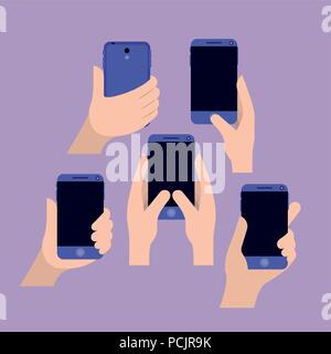 Gruppo di mani utilizza lo smartphone Illustrazione Vettoriale
