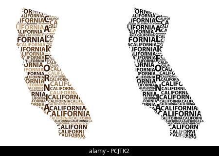 Schizzo California (Stati Uniti d'America, il Golden State) testo lettera mappa, mappa della California - nella forma del continente, Mappa California - marrone Illustrazione Vettoriale