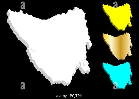 Mappa 3D di Tasmania (Tas, Tassie, Van Diemen's Land) - bianco, giallo, blu e oro - illustrazione vettoriale Illustrazione Vettoriale